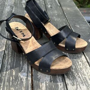 Korks Kork Ease Black Leather Mia Block Heel Sandal Womens Size 9 Chunky Retro